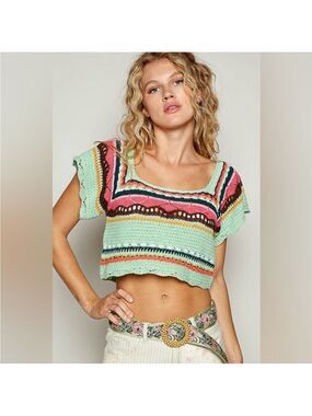 POL Green and Pink Flutter Sleeve Knit Crop Top Size Small